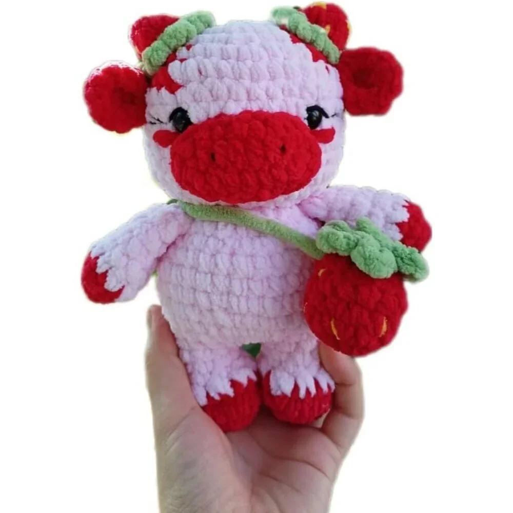 Cute Strawberry Cow Plush Toy Handmade Crochet Cow with Strawberry Horns